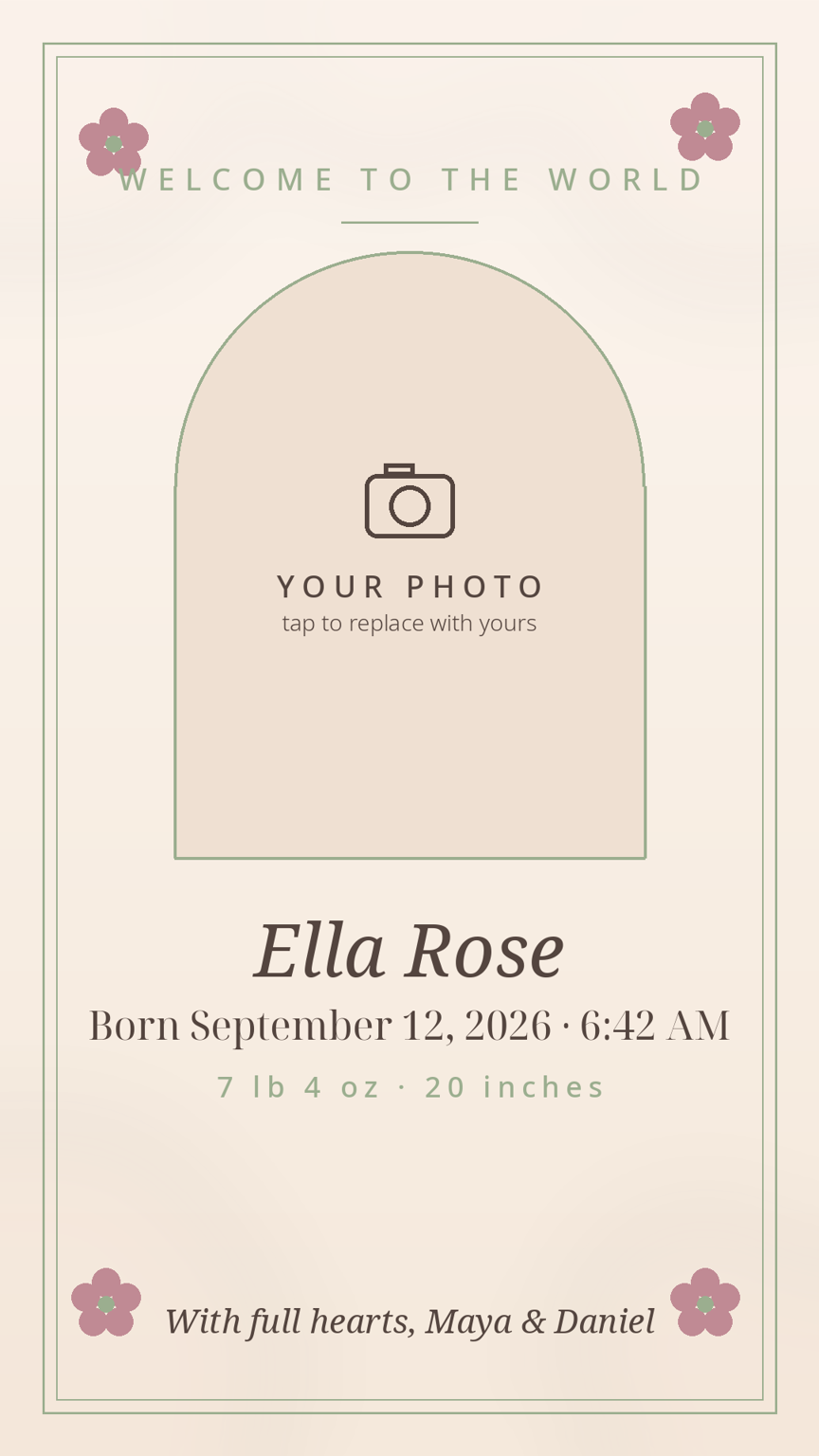 Birth announcement card template — photo arch, baby's name, date, time, weight and length
