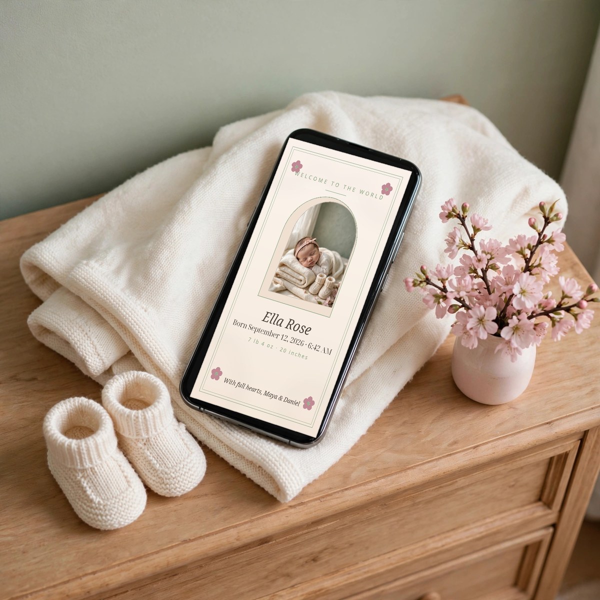 Hand holding a phone showing a newborn birth announcement card with baby photo, name, birth date, weight and length in a bright nursery