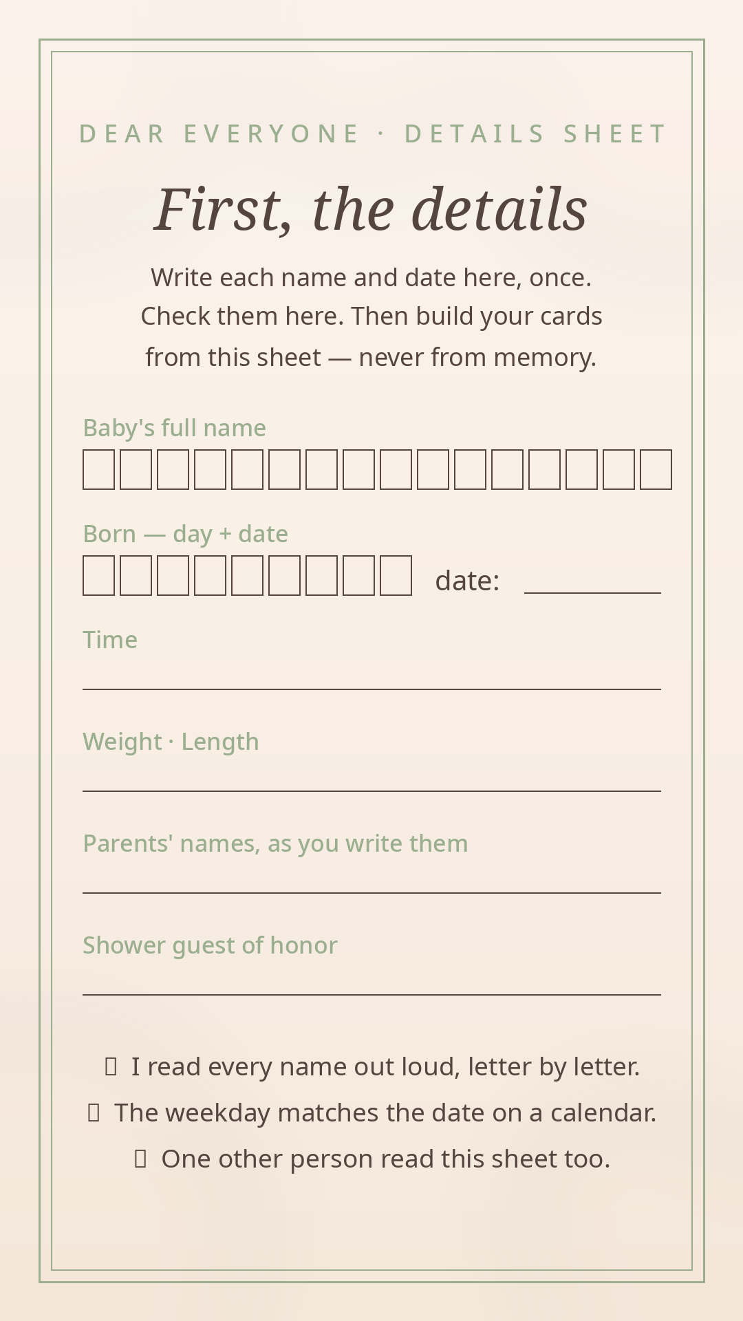 The suite's details sheet — letter-boxed name and date fields with a weekday check