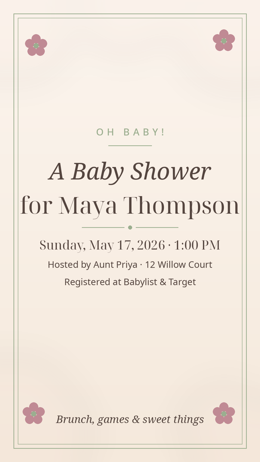 Baby shower invitation card template with host, date, place and registry lines