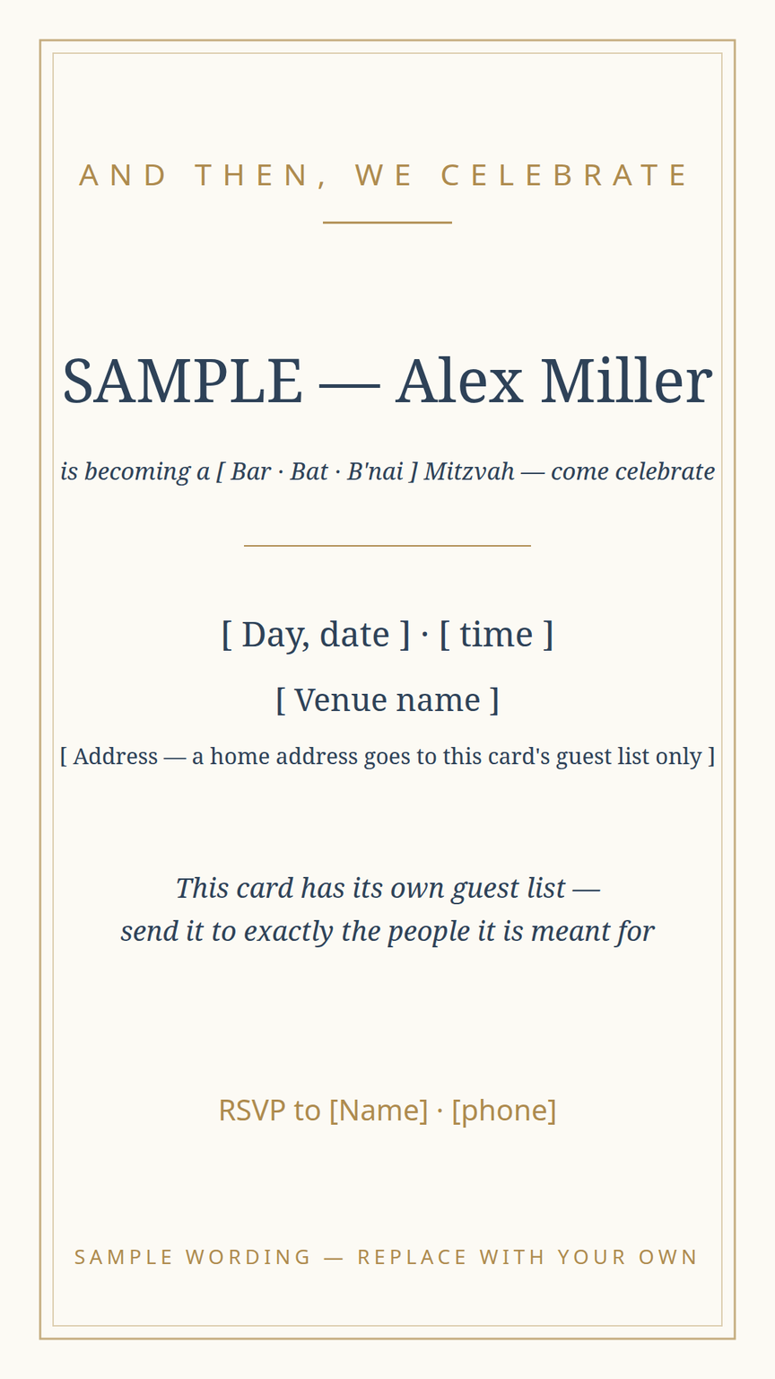 Mitzvah celebration invitation card template — place, time, and RSVP for its own guest list