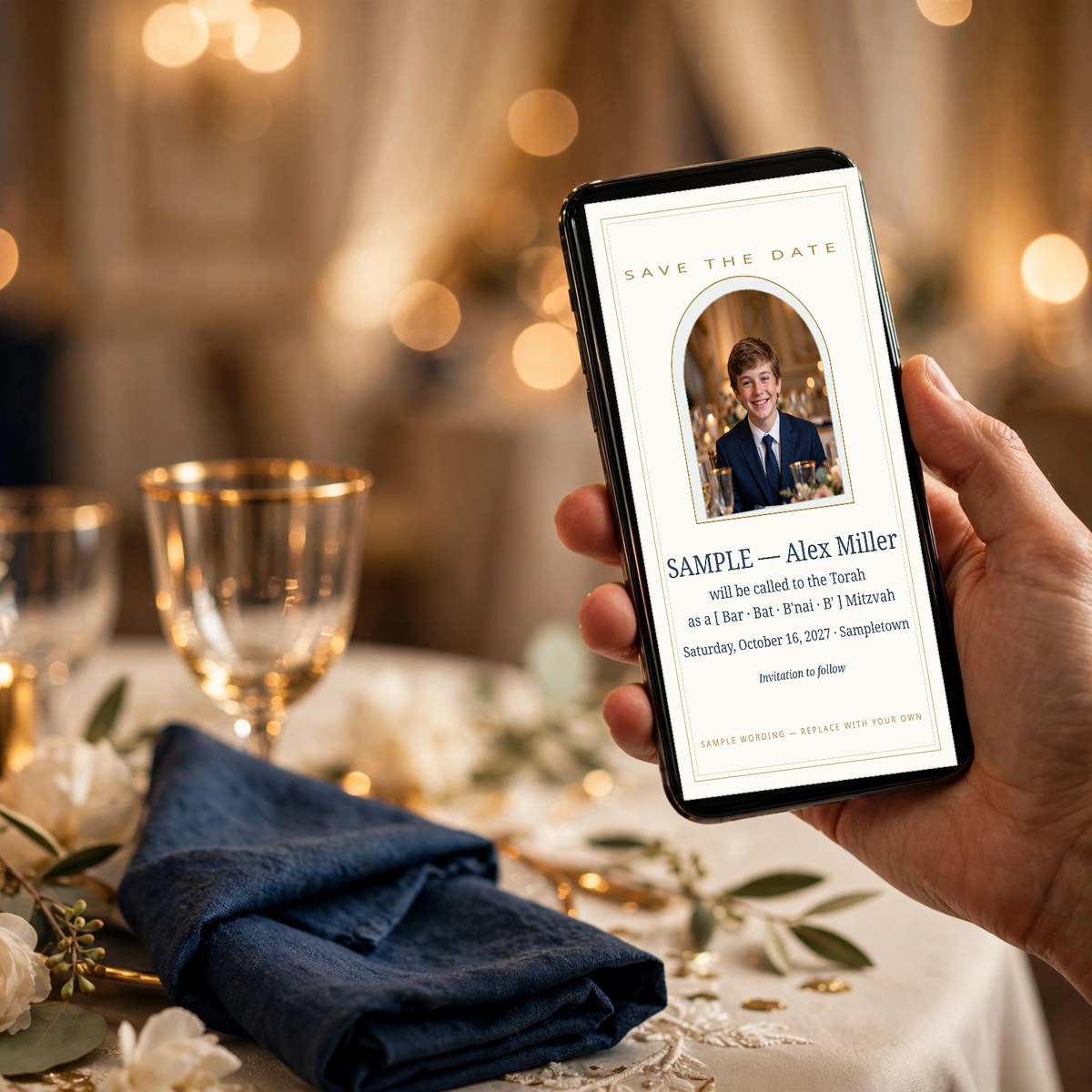 Hand holding a phone showing a mitzvah save-the-date card with a young teen's photo and the date, family smiling together behind
