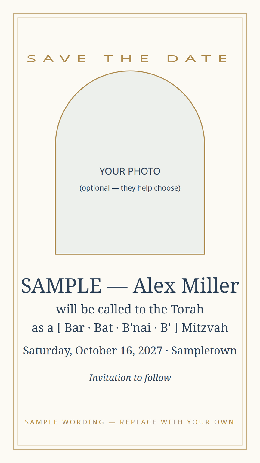 Mitzvah save-the-date card template — their name, the day, the city
