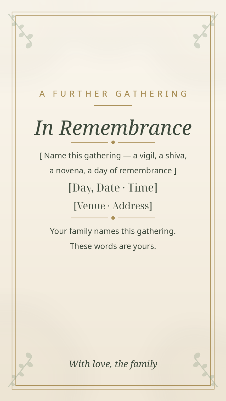 Additional observance card template for a second gathering, named by the family