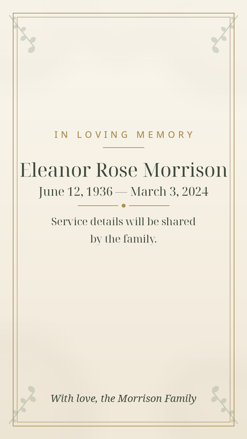 One-screen minimal announcement card — name, dates, and one line