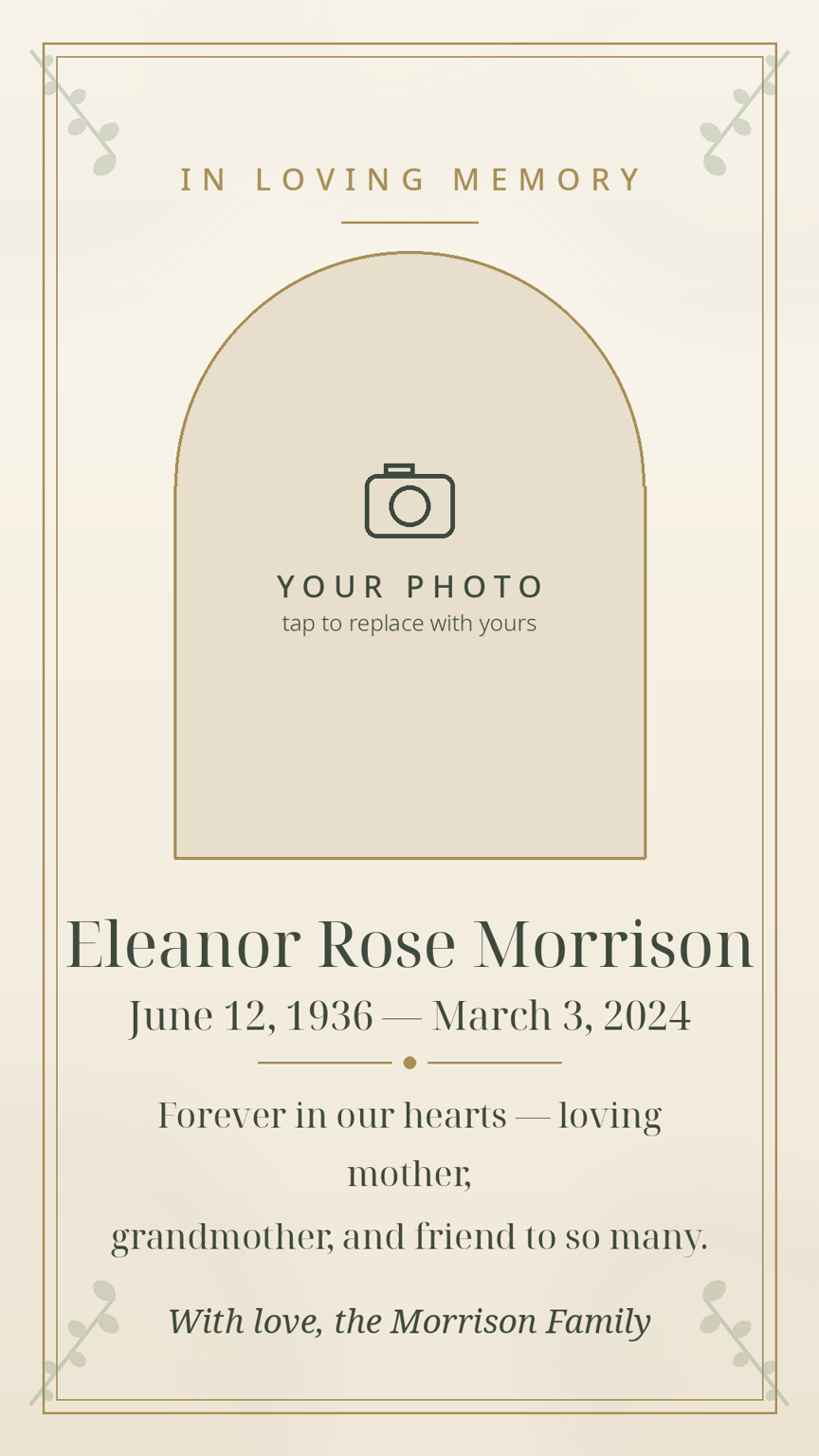 Editable celebration-of-life announcement card template with photo placeholder, name and dates on a cream and sage design