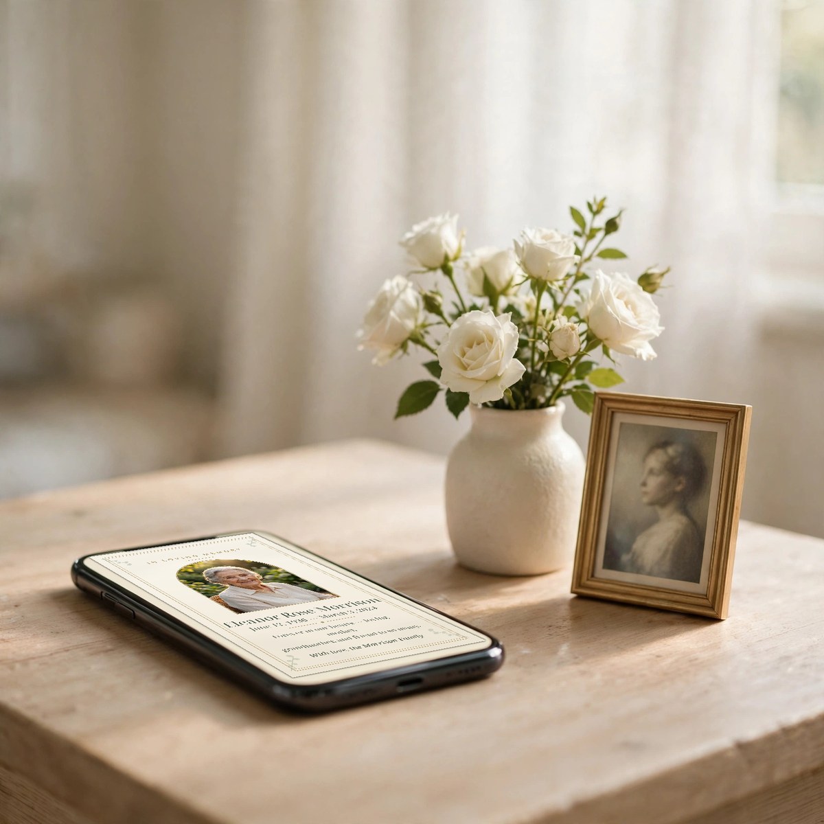 Hand holding a phone showing a celebration-of-life announcement card with a loved one's photo, name and dates, white lilies on a table beside it