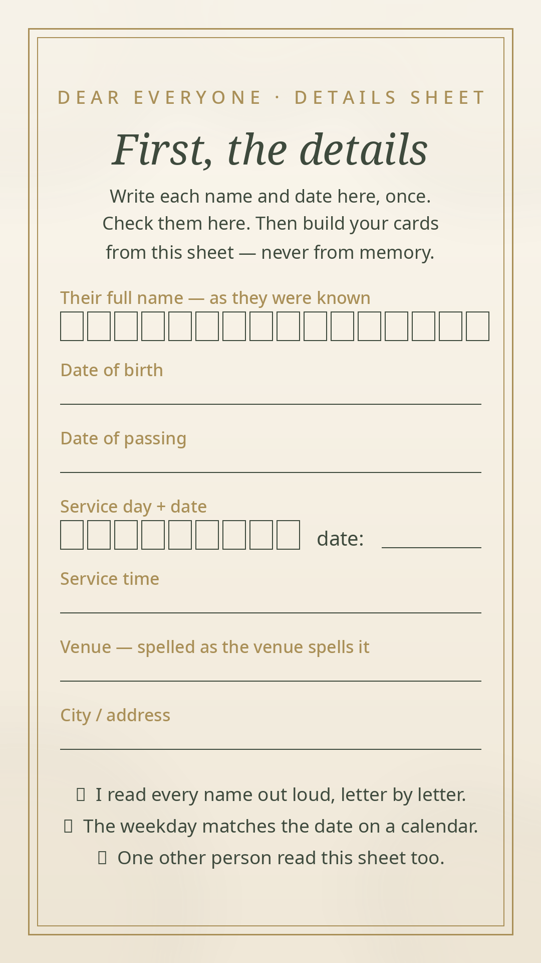 The suite's details sheet — letter-boxed name and date fields with a weekday check