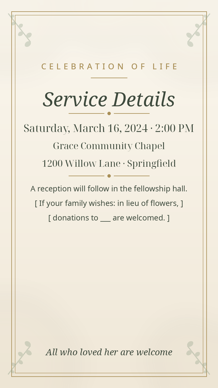 Service details card template — service date, time and venue on a cream and sage design