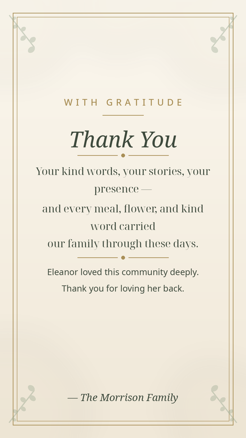 Memorial thank-you card template on a cream and sage design