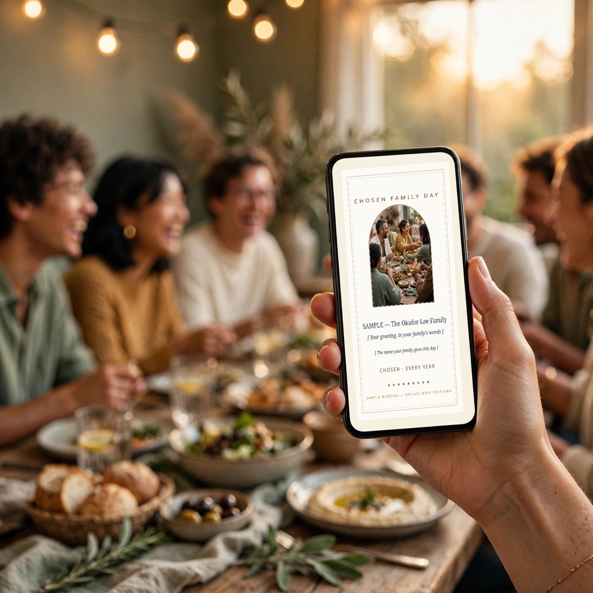 Hand holding a phone showing a Chosen Family Day greeting card with a family's own photo, a warm shared table with string lights and shared dishes behind it