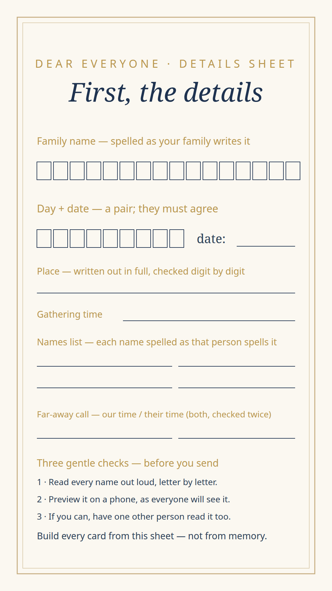 The suite's details sheet — letter-boxed name and date fields with a weekday check