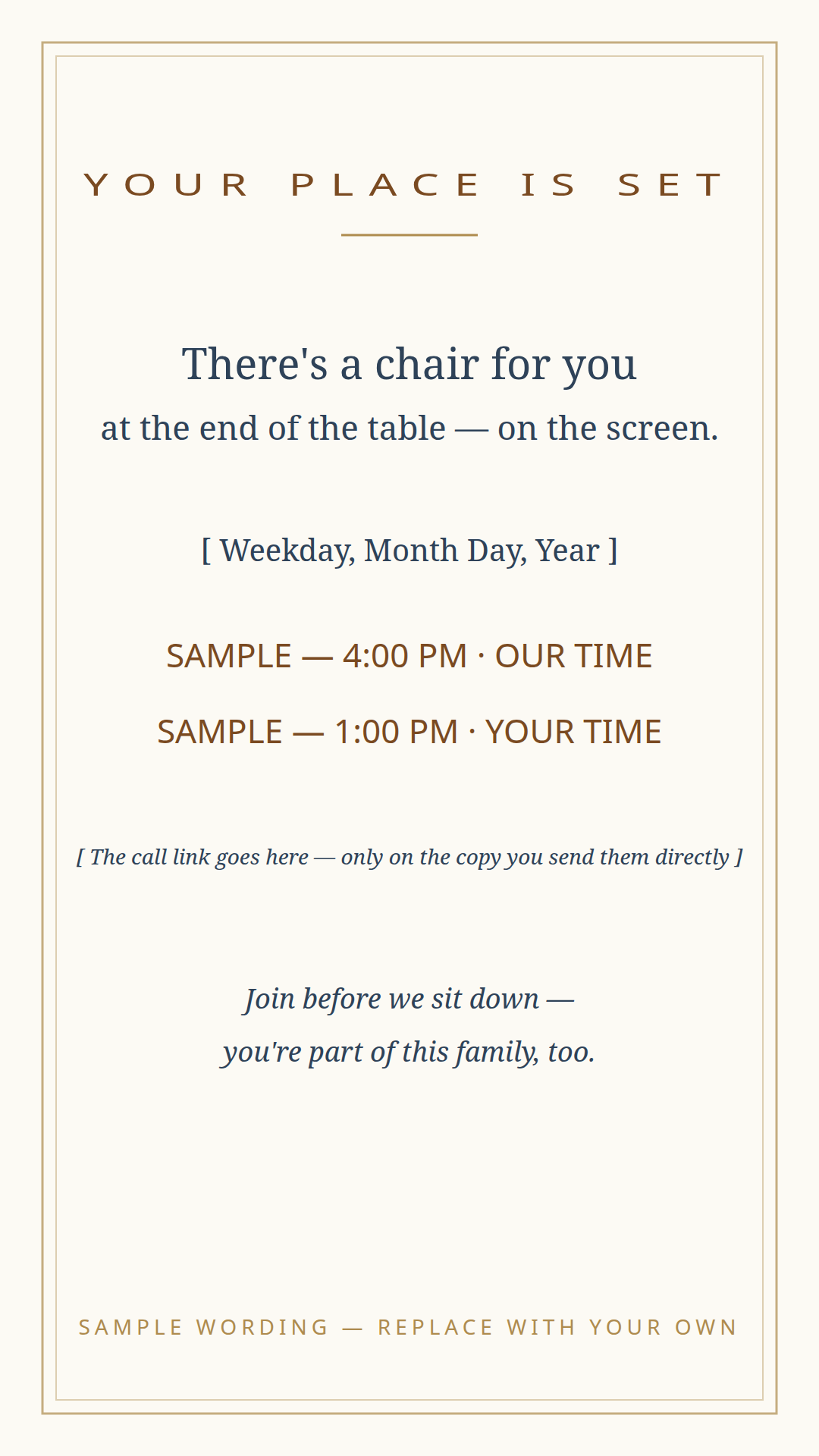 Far-away card template for family joining the Chosen Family Day table by video — the time written in both time zones