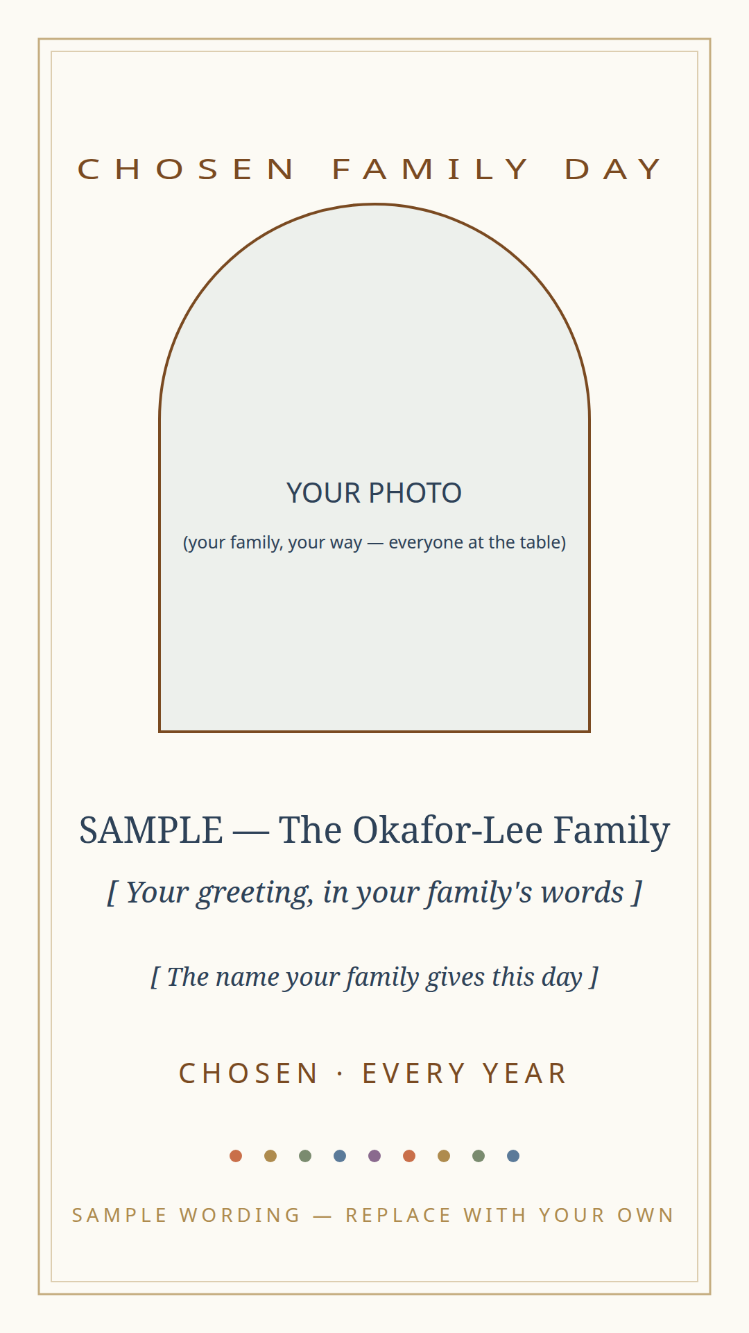 Chosen Family Day greeting card template — photo placeholder, family greeting in their own words, and the name the family gives the day