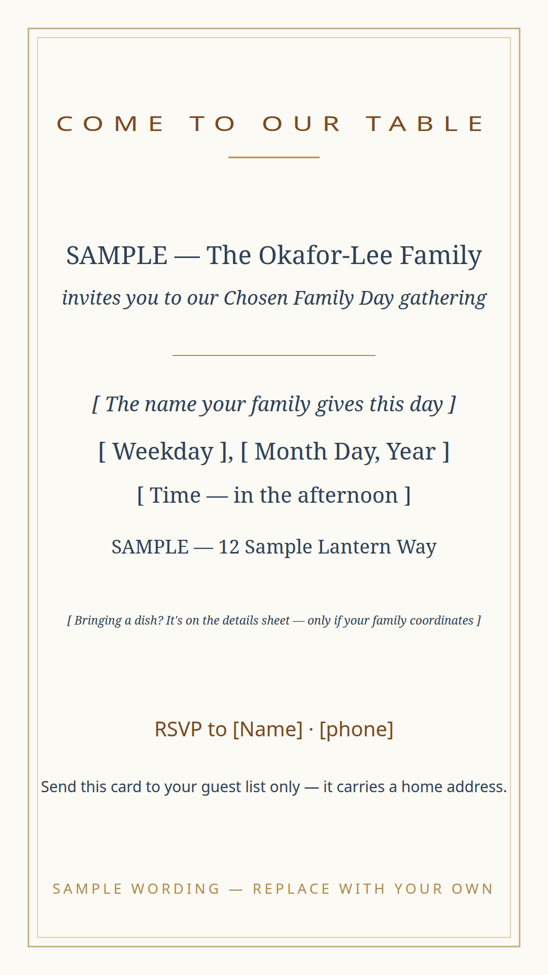 Chosen Family Day gathering invitation card template — date, time, place, what-to-bring, and RSVP lines