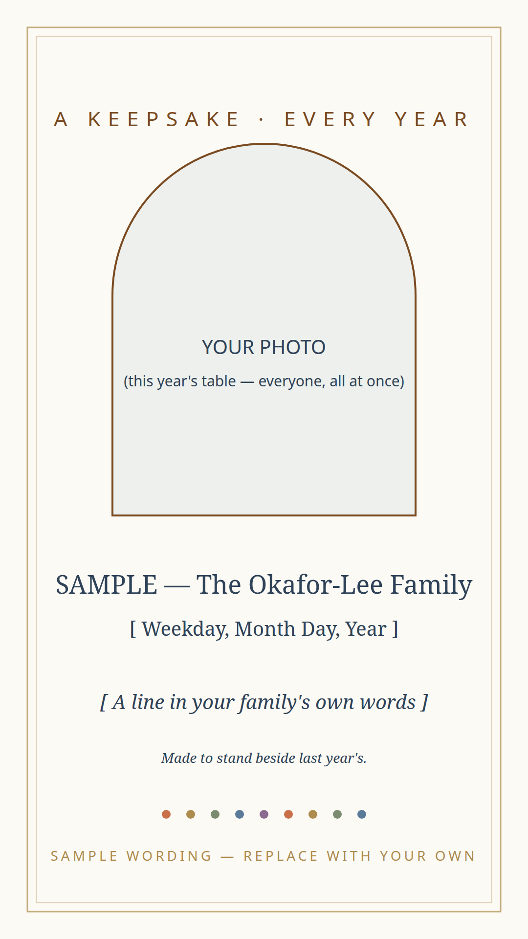Chosen Family Day keepsake card template — this year's table photo and a line in the family's own words, made to stand beside last year's