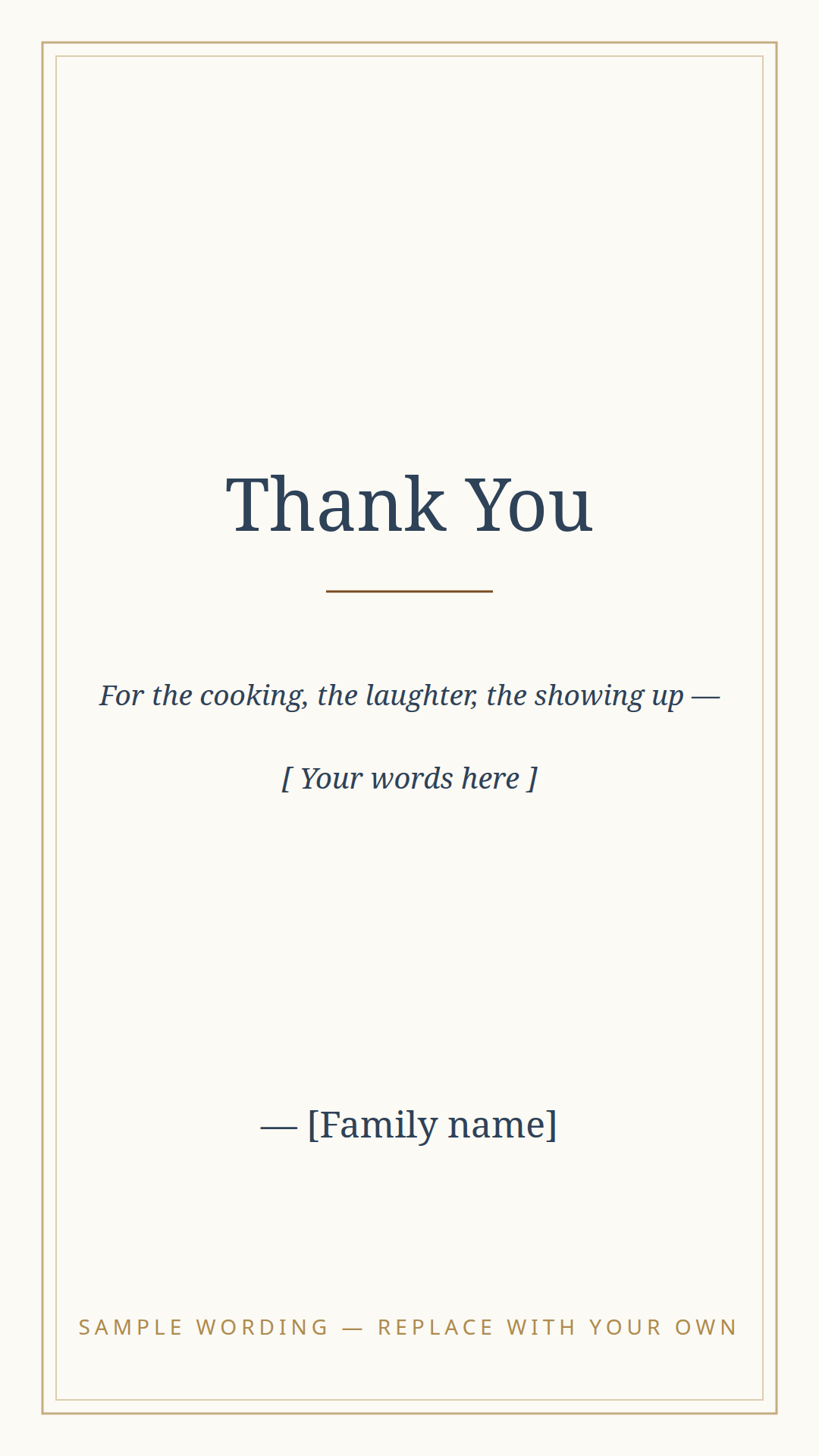 Chosen Family Day thank-you card template — for hosts, cooks, and everyone who traveled, in the matching design