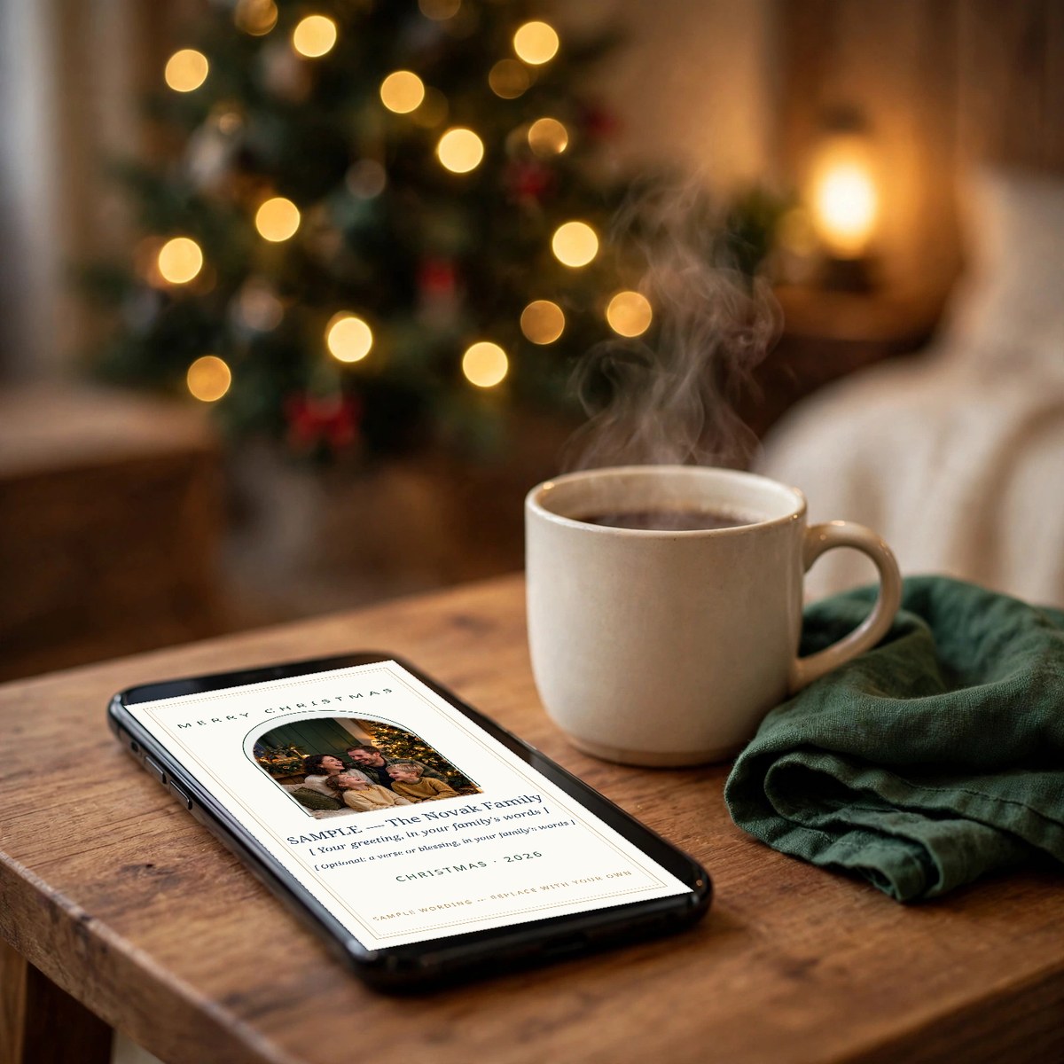 Hand holding a phone showing a family Christmas greeting card with the family's own photo and greeting, a lit tree soft in the background behind them