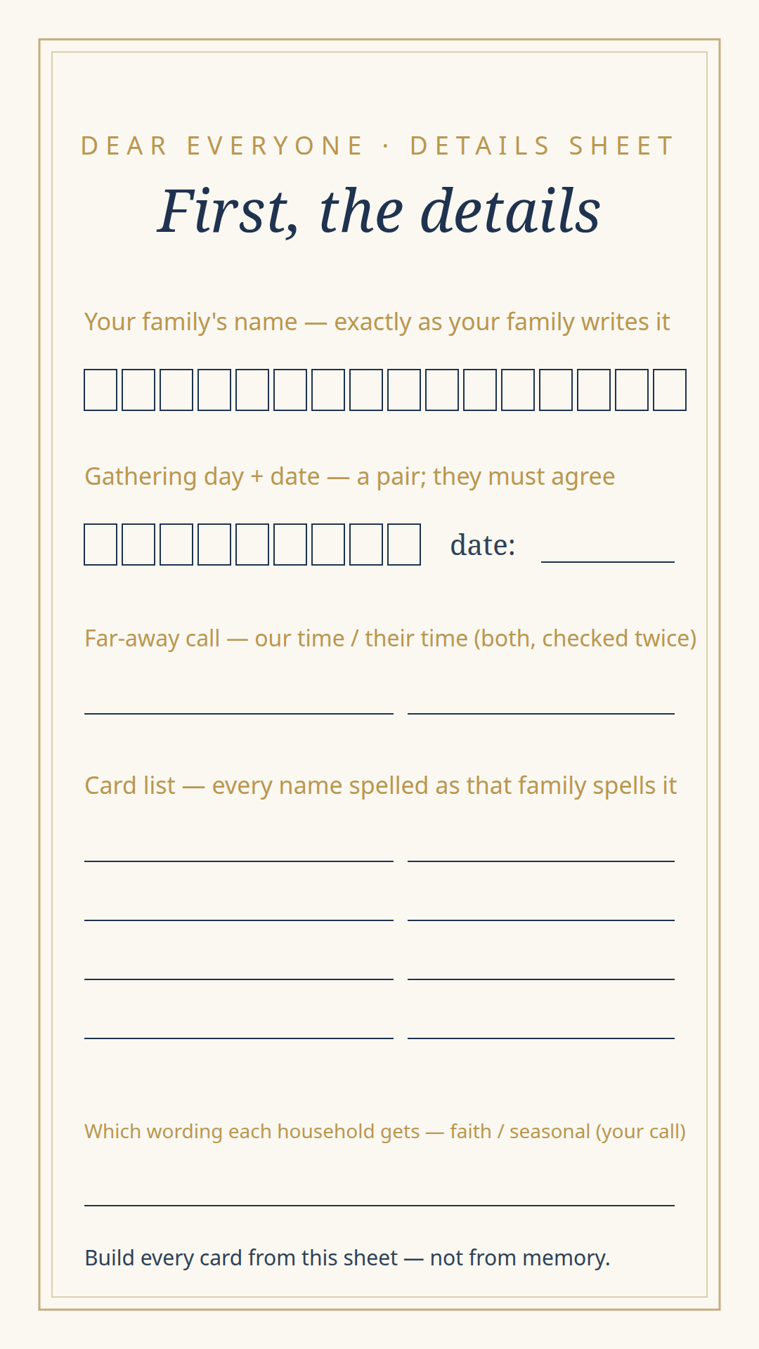 The suite's details sheet — letter-boxed name and date fields with a weekday check