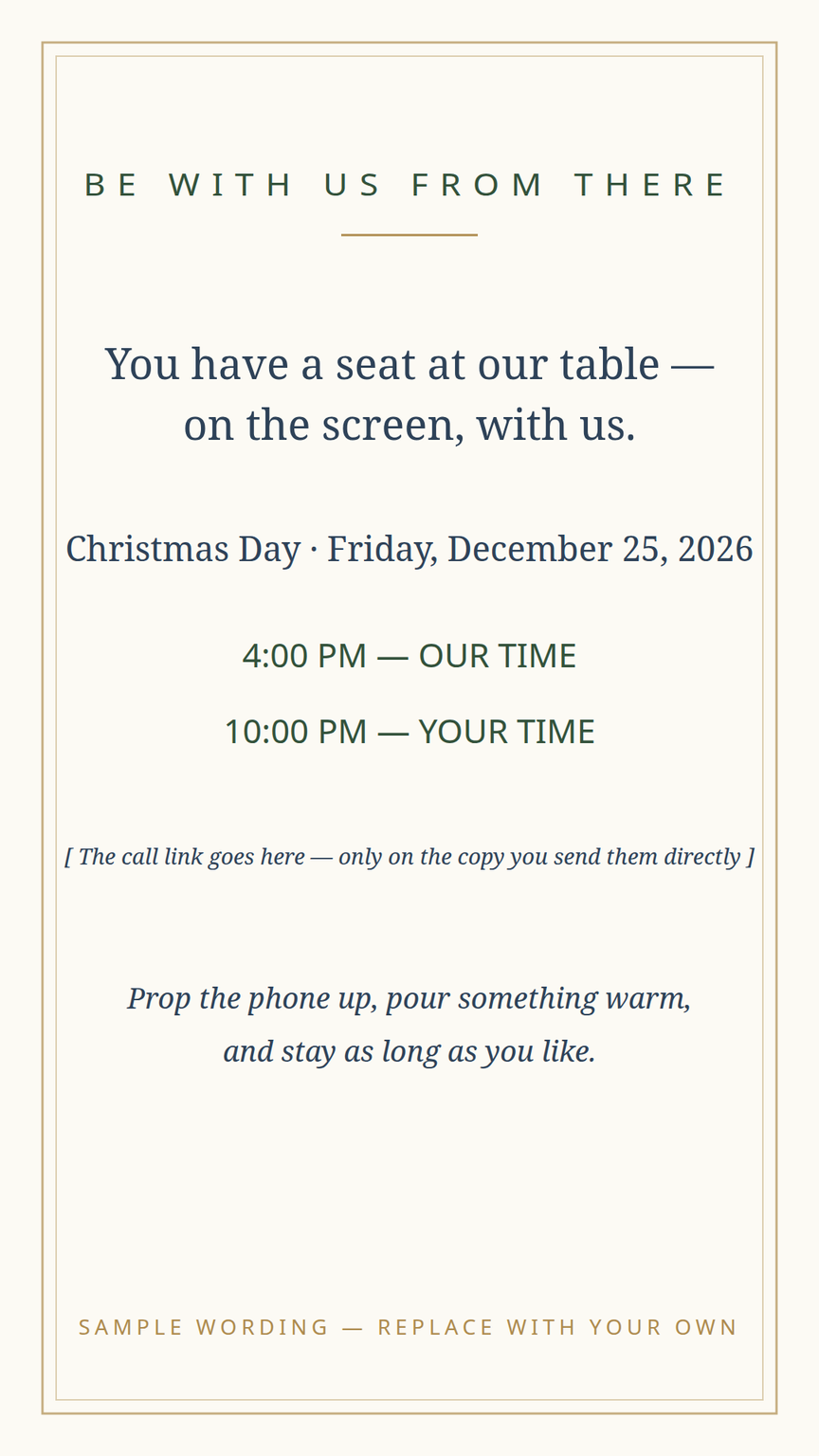Far-away card template for family joining Christmas by video — the call time written in both time zones