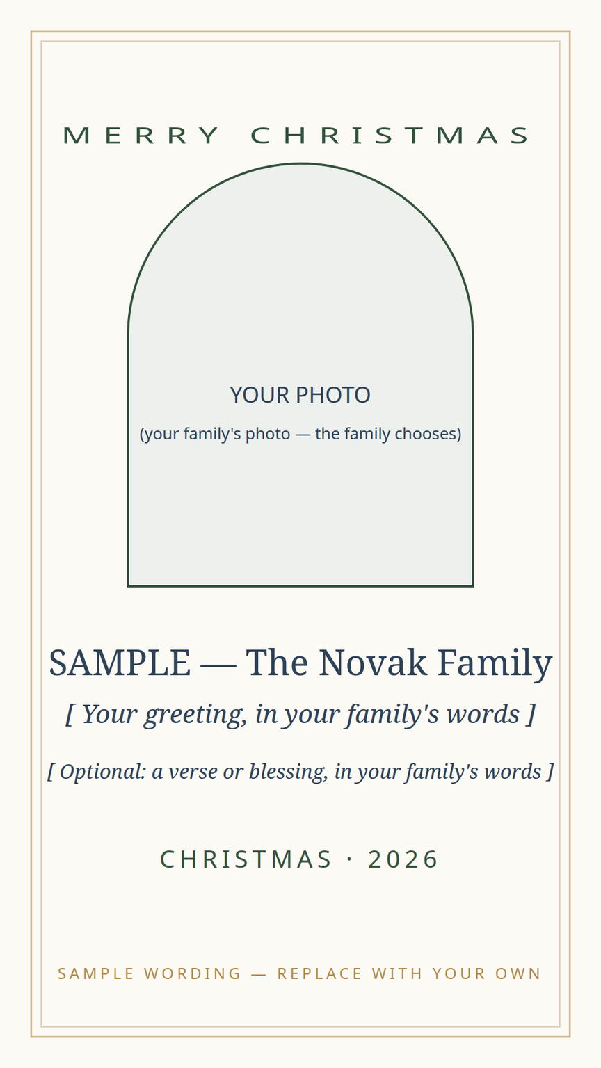 Christmas greeting card template — photo placeholder, family greeting in their own words, and the year