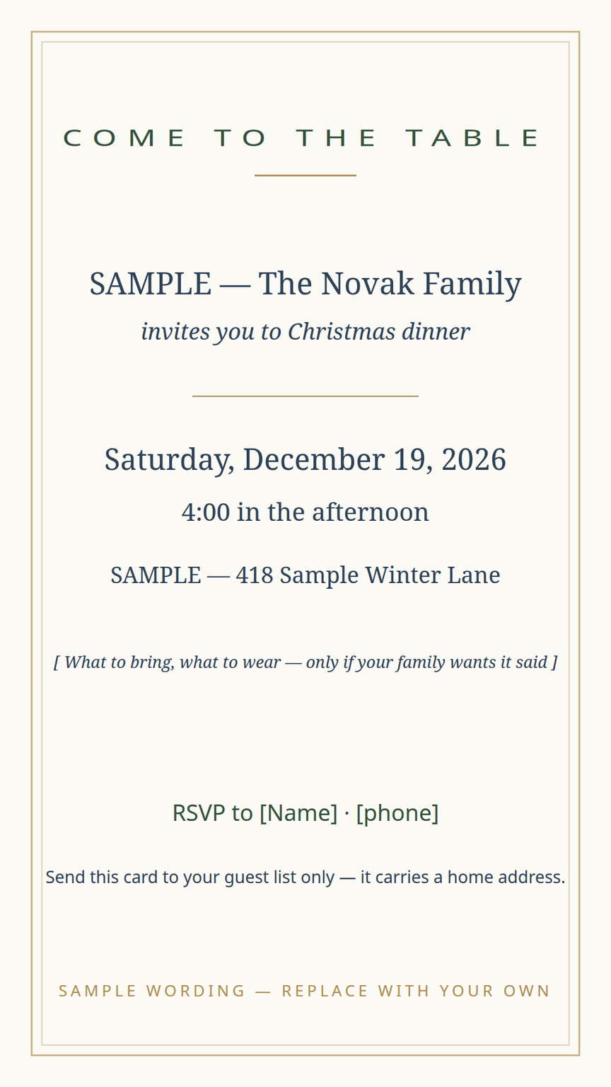 Christmas gathering invitation card template — date, time, place, and RSVP lines