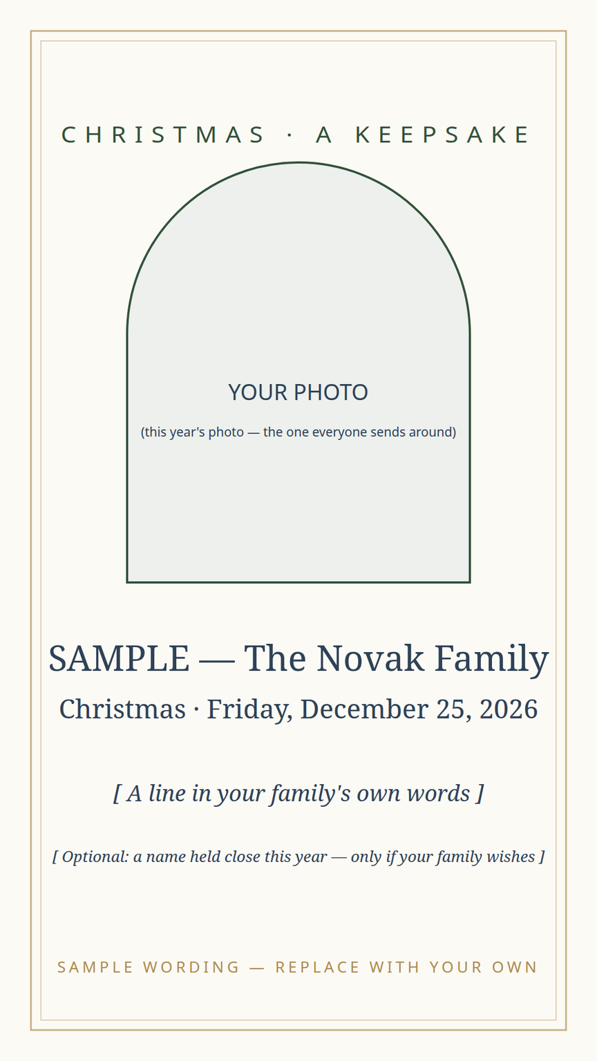 Christmas keepsake card template — this year's photo and a line in the family's own words