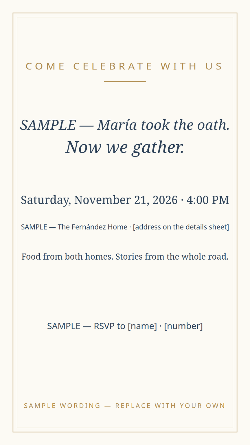 Celebration invitation card template — date, time, place, and RSVP lines