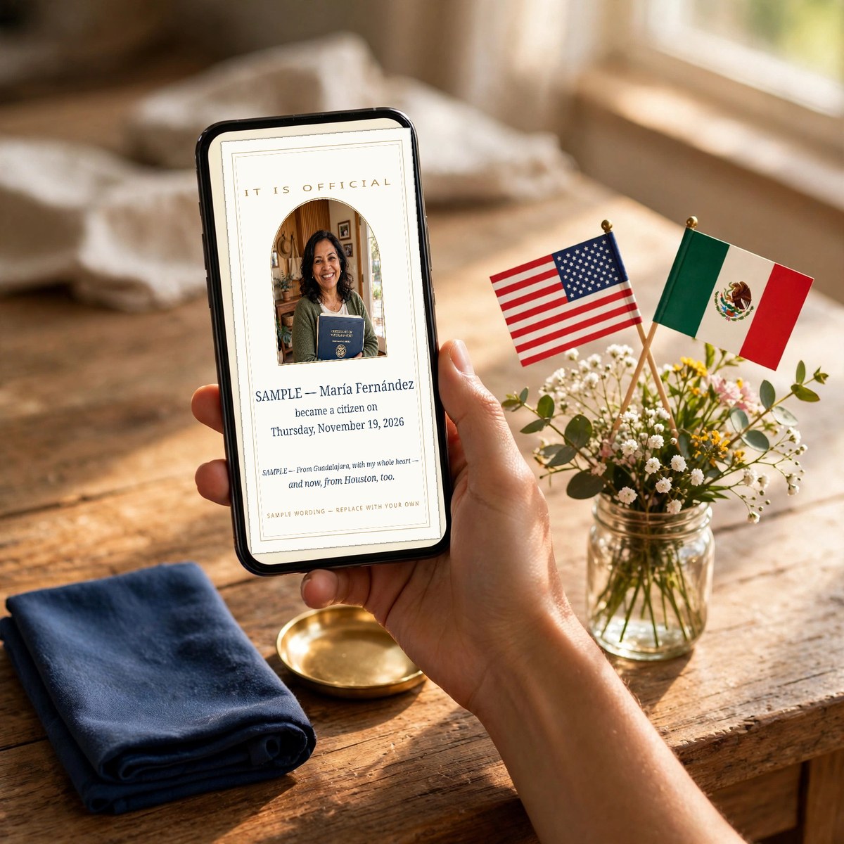 Hand holding a phone showing a citizenship oath-day announcement card with a new citizen's name and ceremony date, family celebrating warmly at a courthouse celebration behind