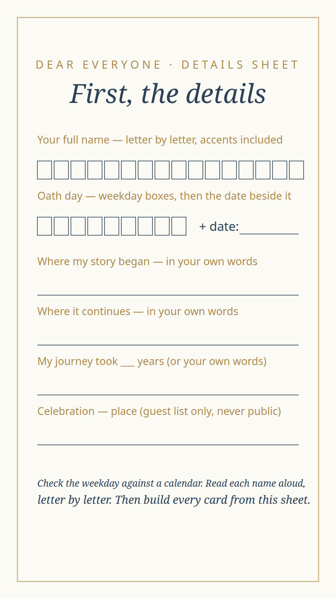 The suite's details sheet — letter-boxed name and date fields with a weekday check