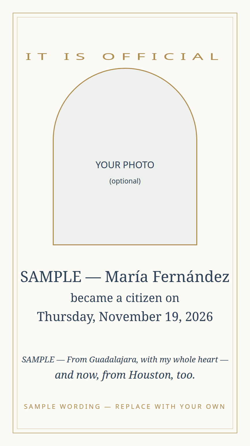 Oath-day announcement card template — new citizen's name, ceremony date, and both homes honored in their own words