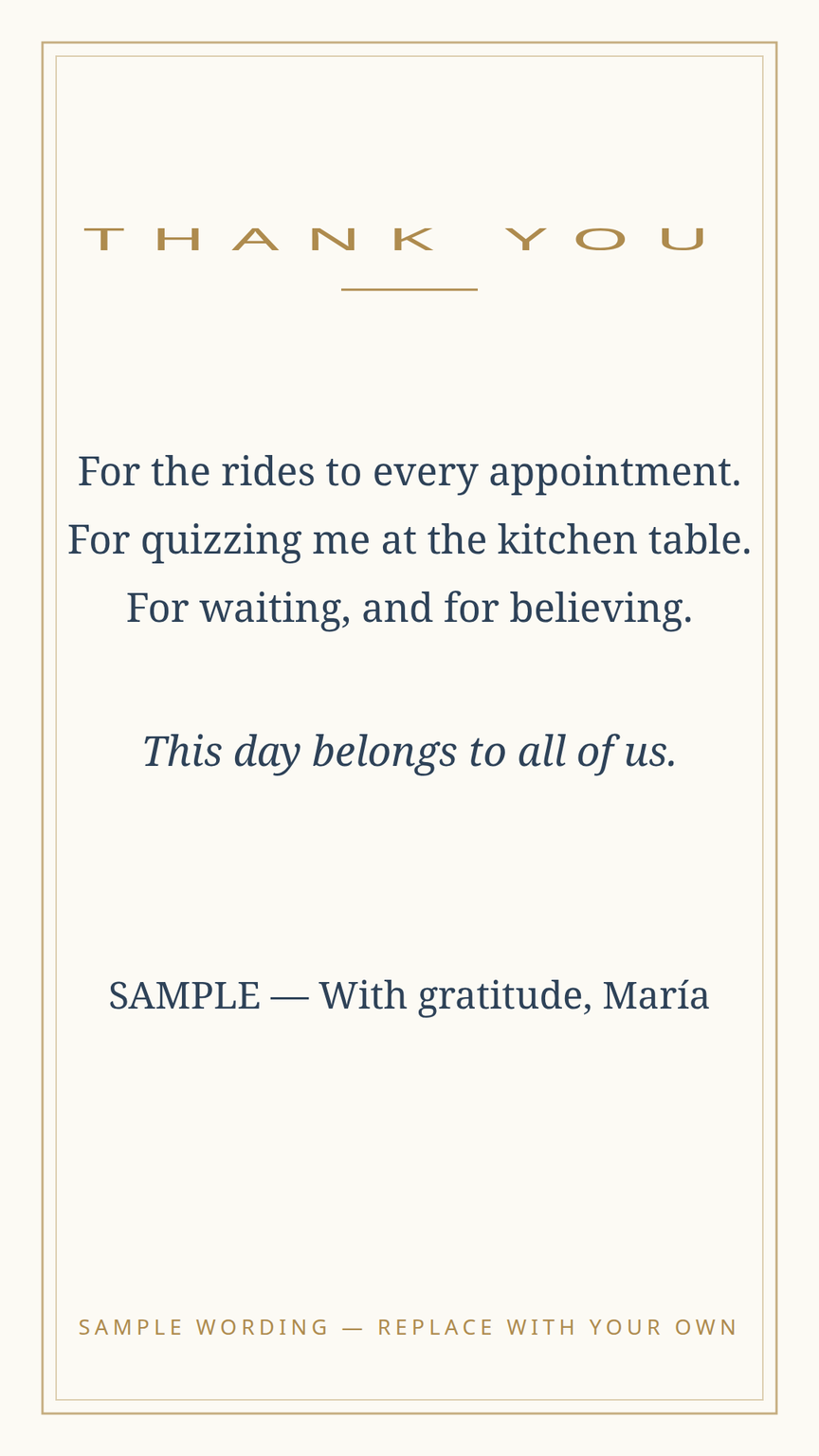Thank-you card template for everyone who studied, drove, waited, and believed, in the matching design
