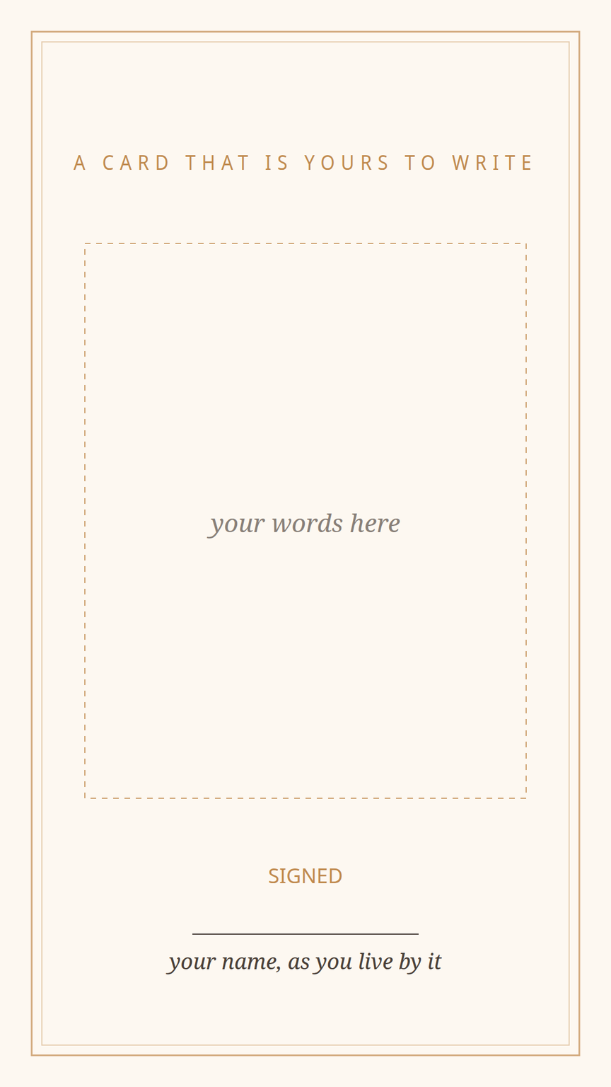 Announcement frame template — a designed card whose wording area is intentionally left blank, waiting for the words of the person it belongs to