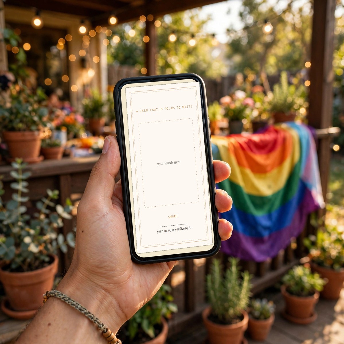 Hand holding a phone showing a blank announcement frame — a card that is yours to write, its writing area waiting empty — in a warm, sunlit room