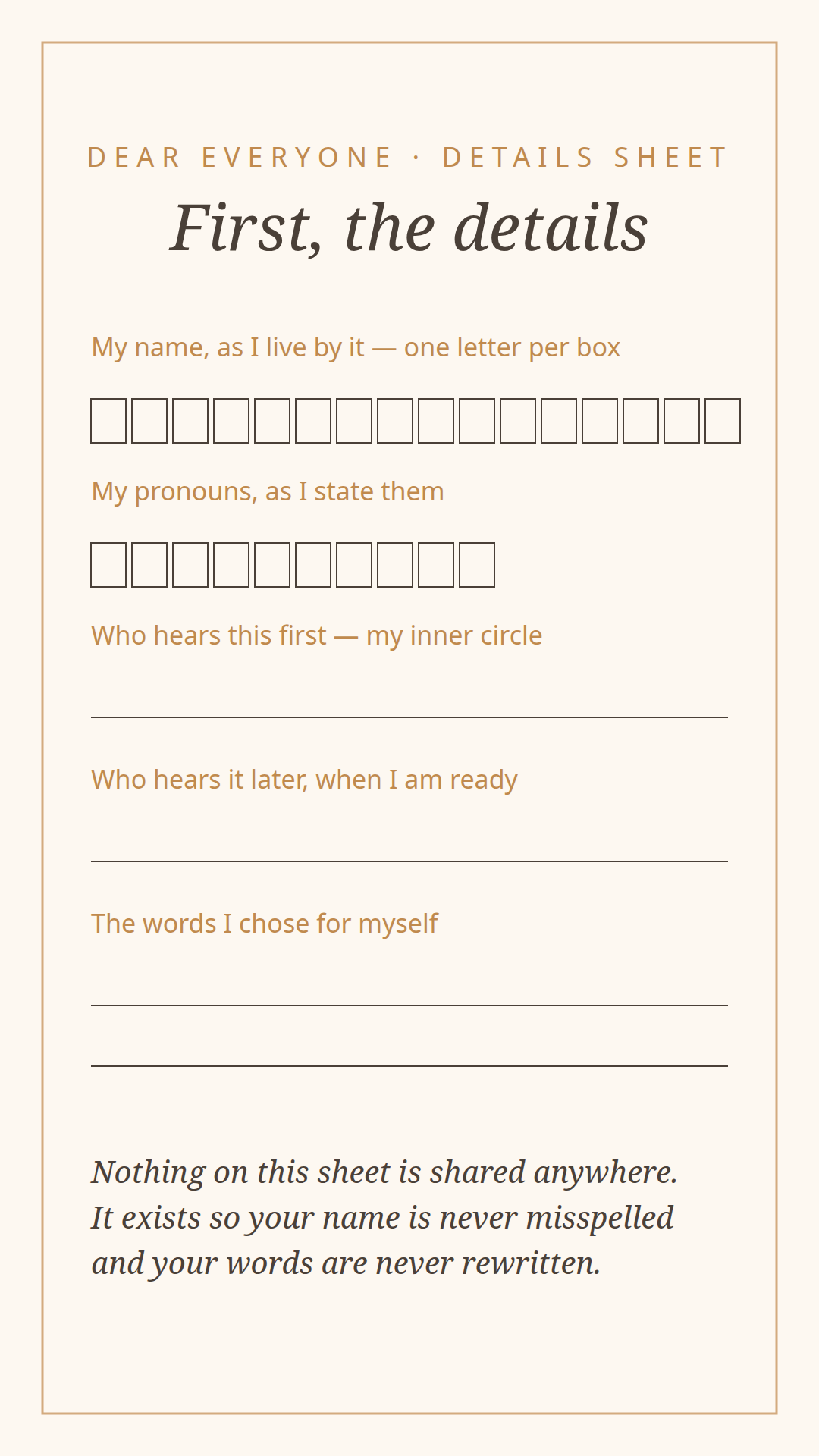 The suite's details sheet — letter-boxed name and date fields with a weekday check