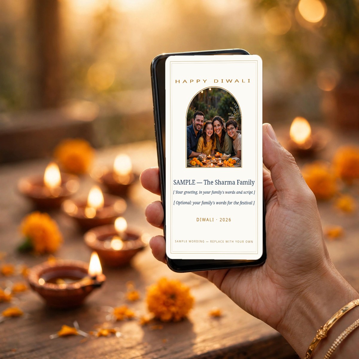 Hand holding a phone showing a Diwali greeting card with the family's own photo and greeting, the family's own lit diyas glowing on the table behind it