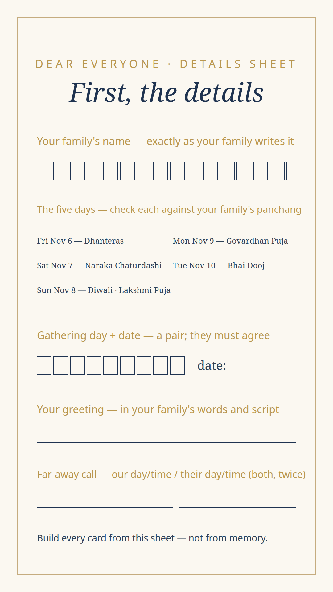 The suite's details sheet — letter-boxed name and date fields with a weekday check