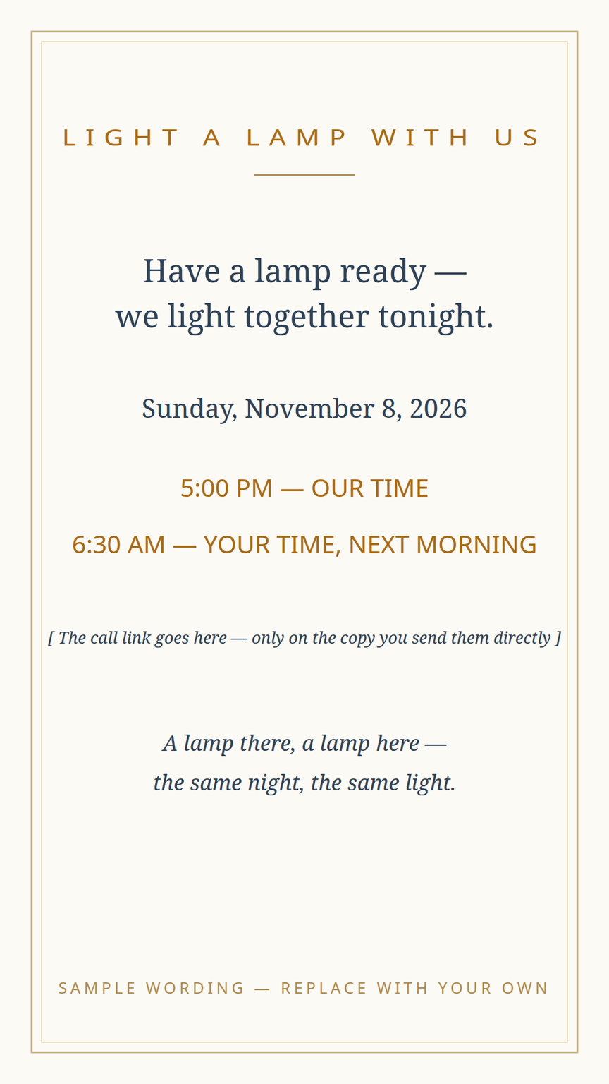 Far-away card template for family joining Diwali by video — the gathering time written in both time zones