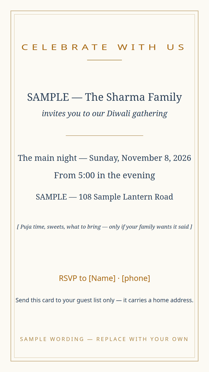 Diwali gathering invitation card template — day, time, place, and RSVP lines