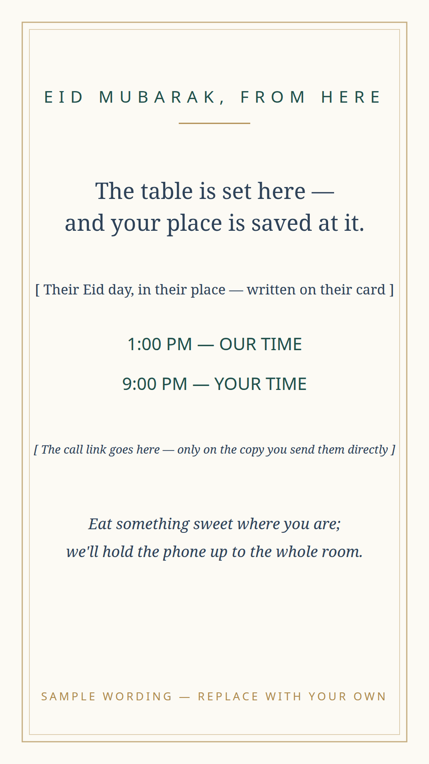 Far-away card template for family joining Eid by video across countries and time zones — the time written in both