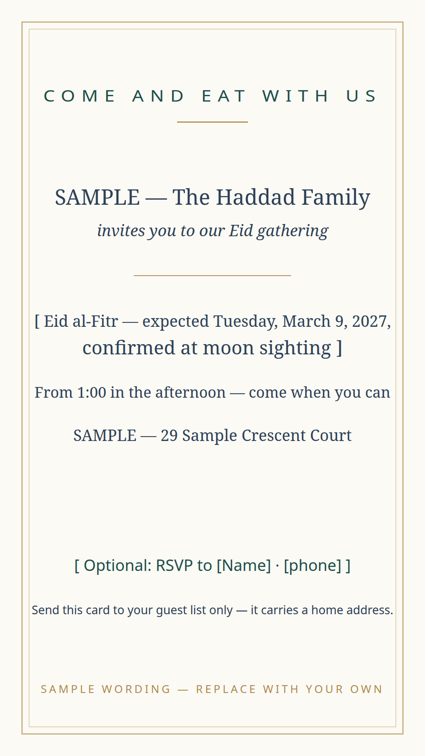 Eid gathering invitation card template — the day held loosely until confirmed, time, place, and RSVP lines