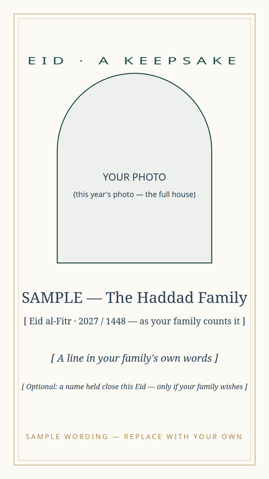 Keepsake card template — this year's photo and a line in the family's own words, naming the Eid they kept
