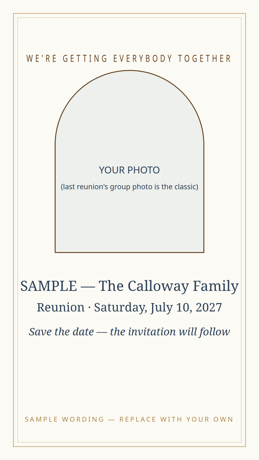 Family reunion announcement and save-the-date card template — family name, place, date, and photo placeholder