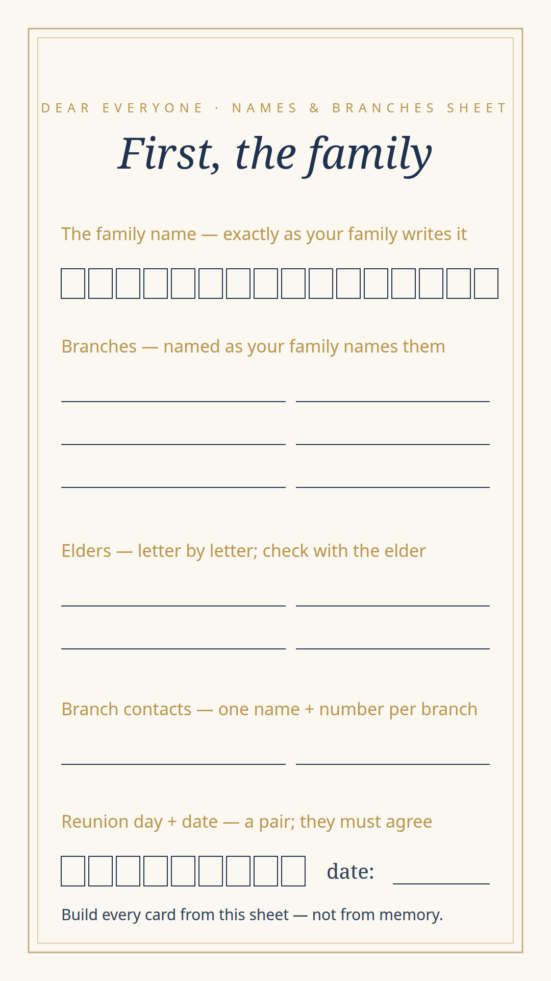 The suite's details sheet — letter-boxed name and date fields with a weekday check