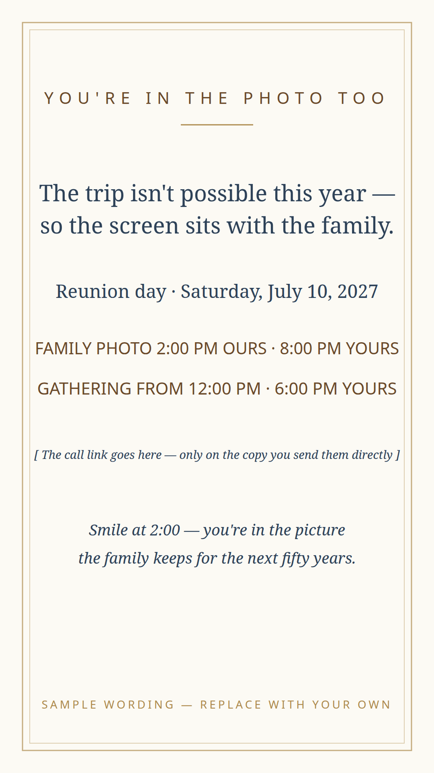 Far-away card template for family joining the reunion by video — the gathering times written in both time zones