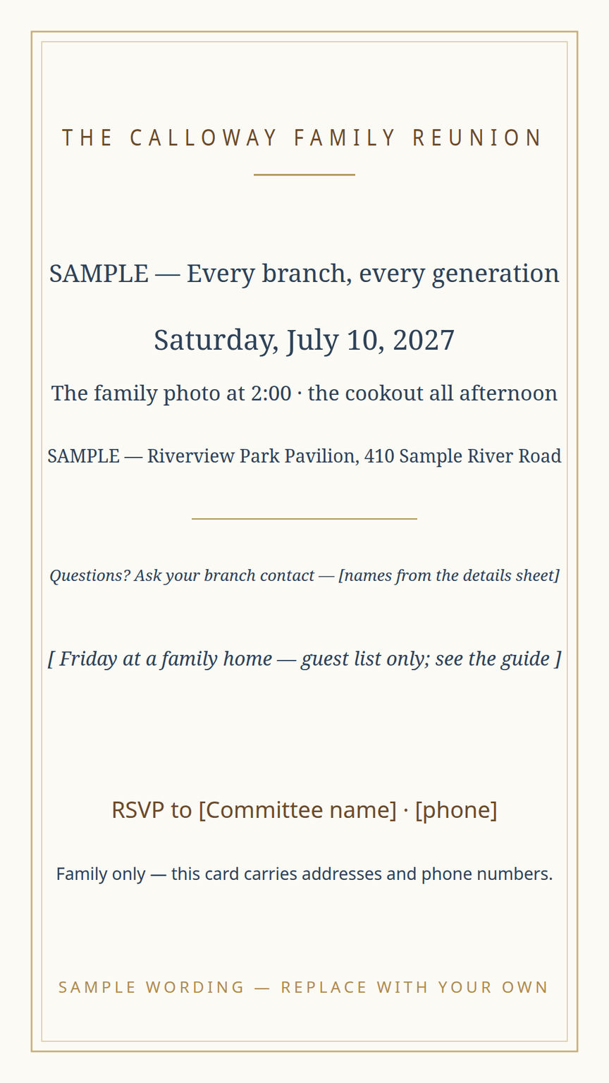 Family reunion invitation card template — days, times, place, RSVP and branch contact lines