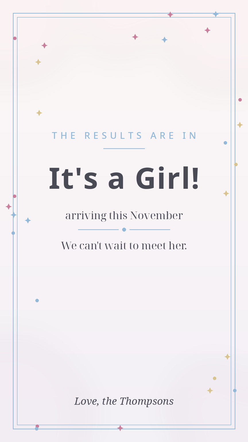 It's a Girl! announcement card template, ready to send the moment of the reveal