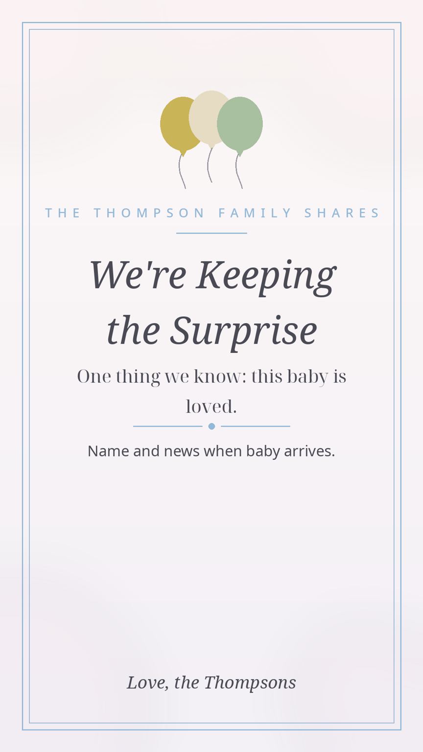 Neutral keeping-the-surprise announcement card with the same care as the pink and blue