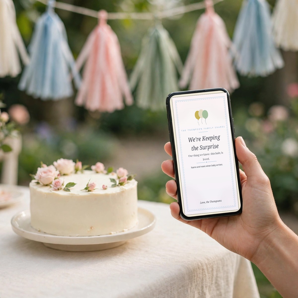 Hand holding a phone showing a pink and blue He or She gender reveal announcement at a backyard party with balloons and a cake
