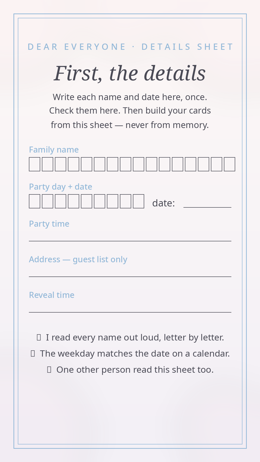The suite's details sheet — letter-boxed name and date fields with a weekday check